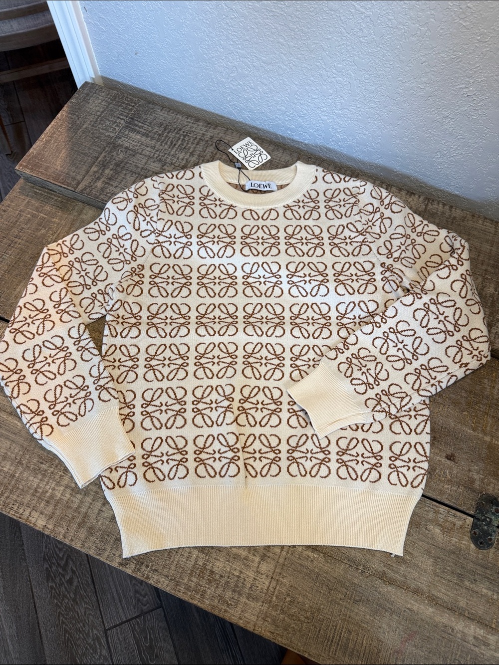 Cream & Brown All-Over Logo Crewneck Sweater